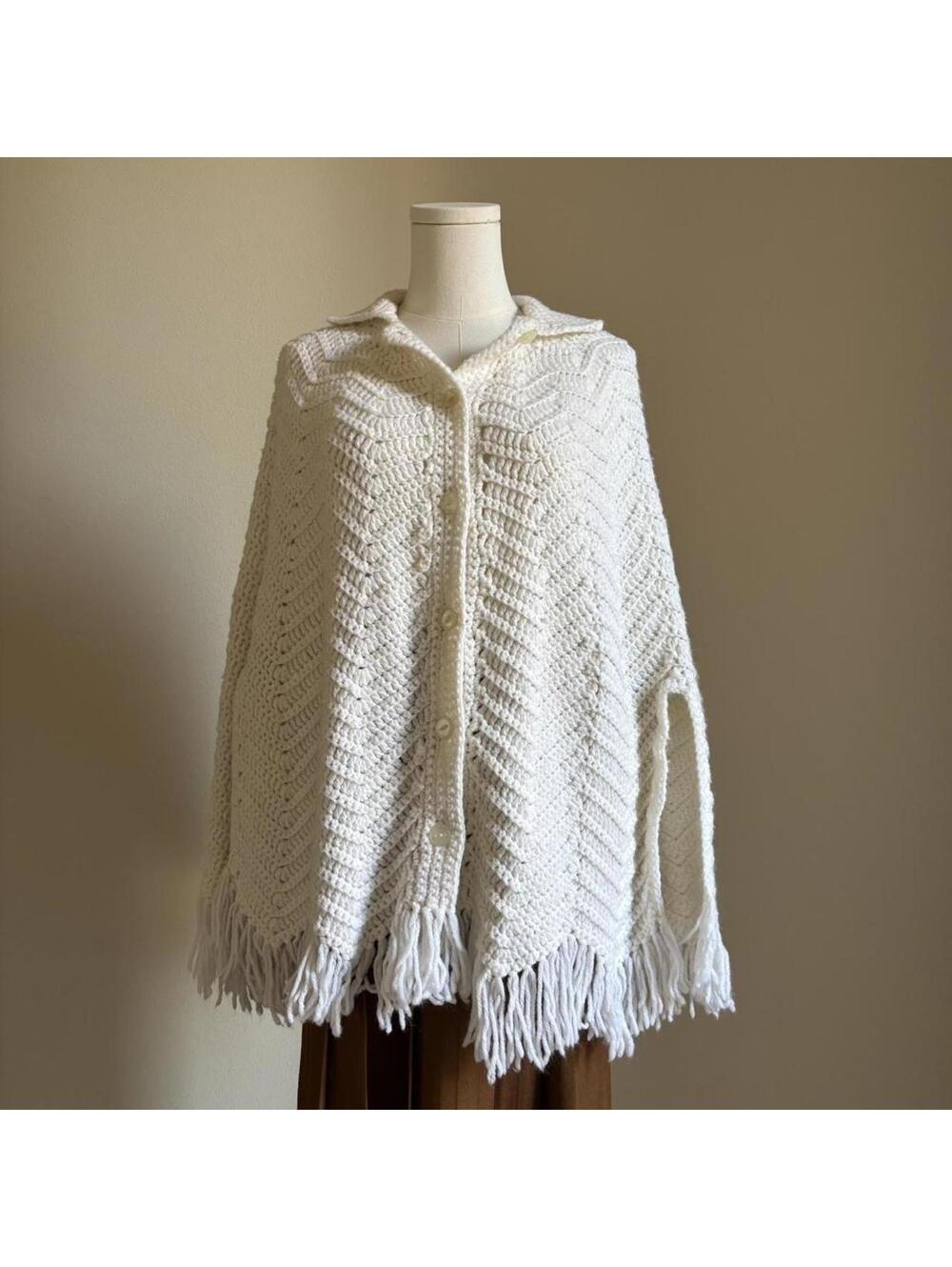 Vintage white hand knit white poncho